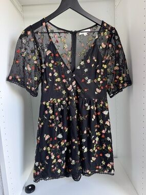 Honey Punch Black Mini Romper with Multicolor Floral Embroidery